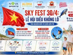 Đại kỳ 100m² bay cao trên bầu trời biển NovaWorld Phan Thiết mừng ngày thống nhất