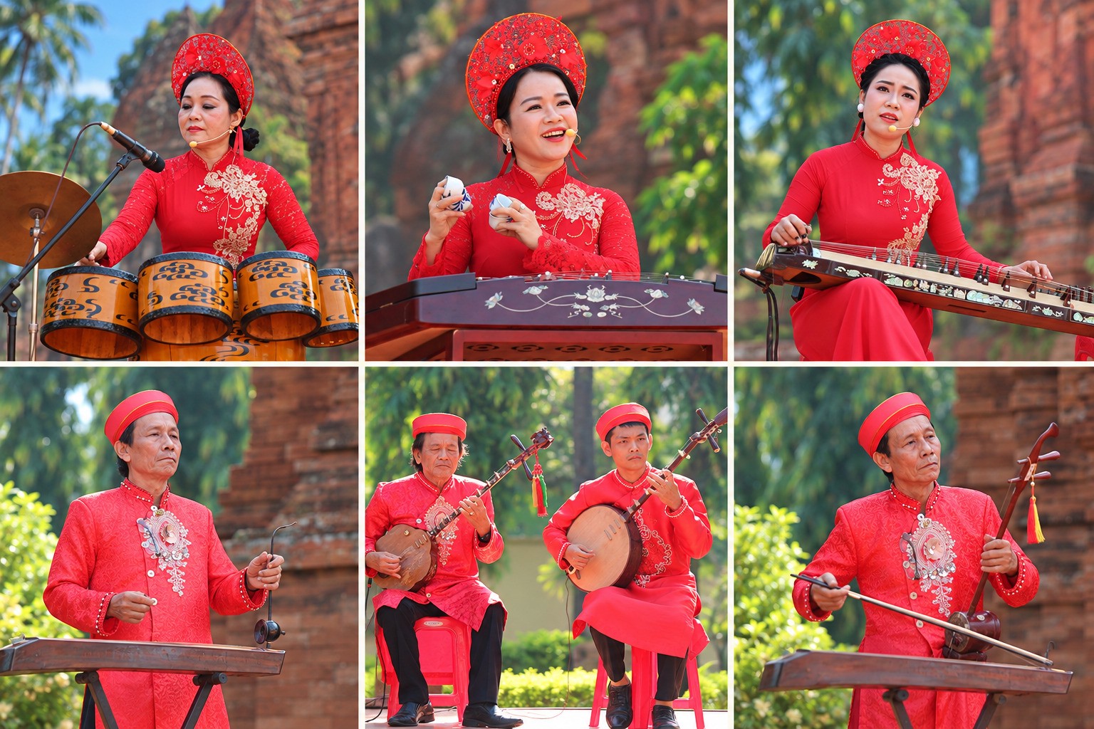 Các nghệ sĩ biểu diễn nhạc cụ dân tộc trong chương trình “Hành trình di sản” tại di tích Tháp Đôi.